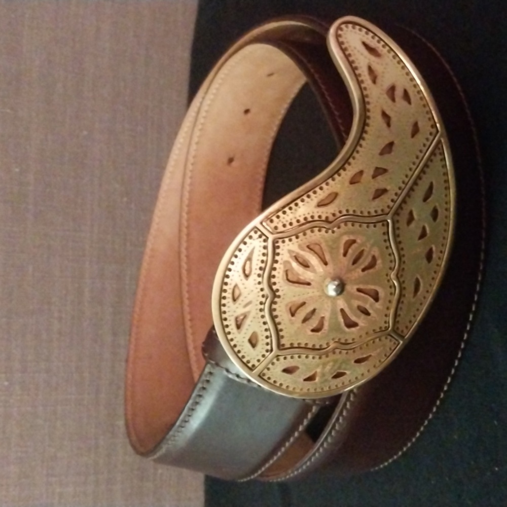 Etro Brown Leather Belt with Ornate Gold-Tone Buckle